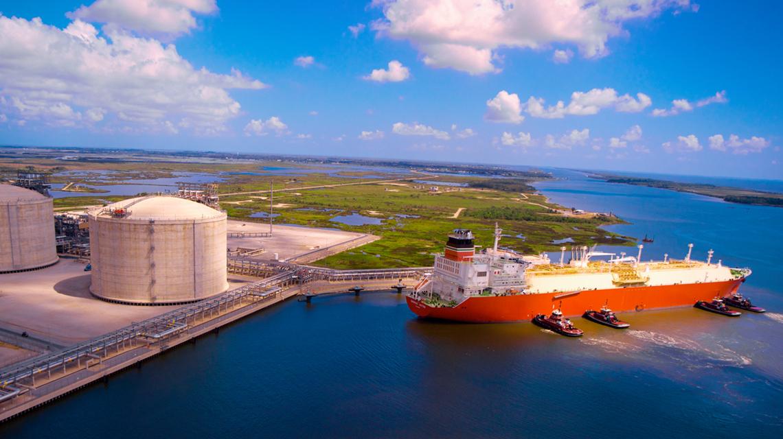 Cameron LNG tanks and an LNG carrier ship